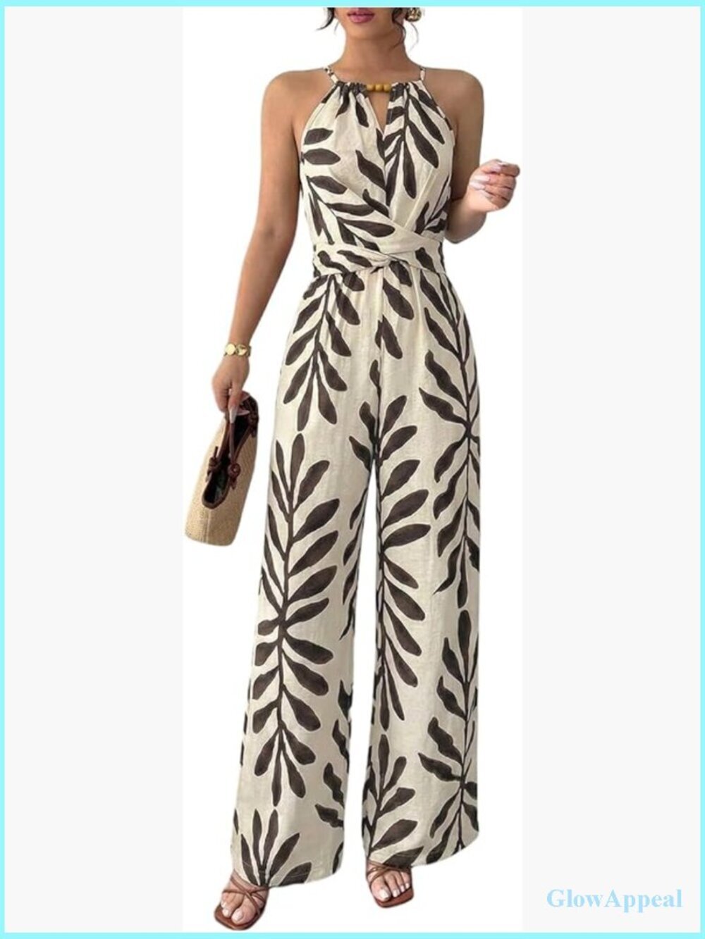 Twist Front Wide Leg Jumpsuit Halter Sleeveless Boho Tropical Print Vacation